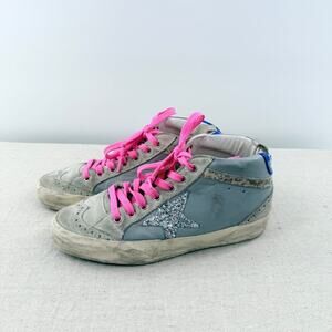 Golden Goose Distressed Mid Top Sneakers Blue Silver Pink Women's Size EU 36